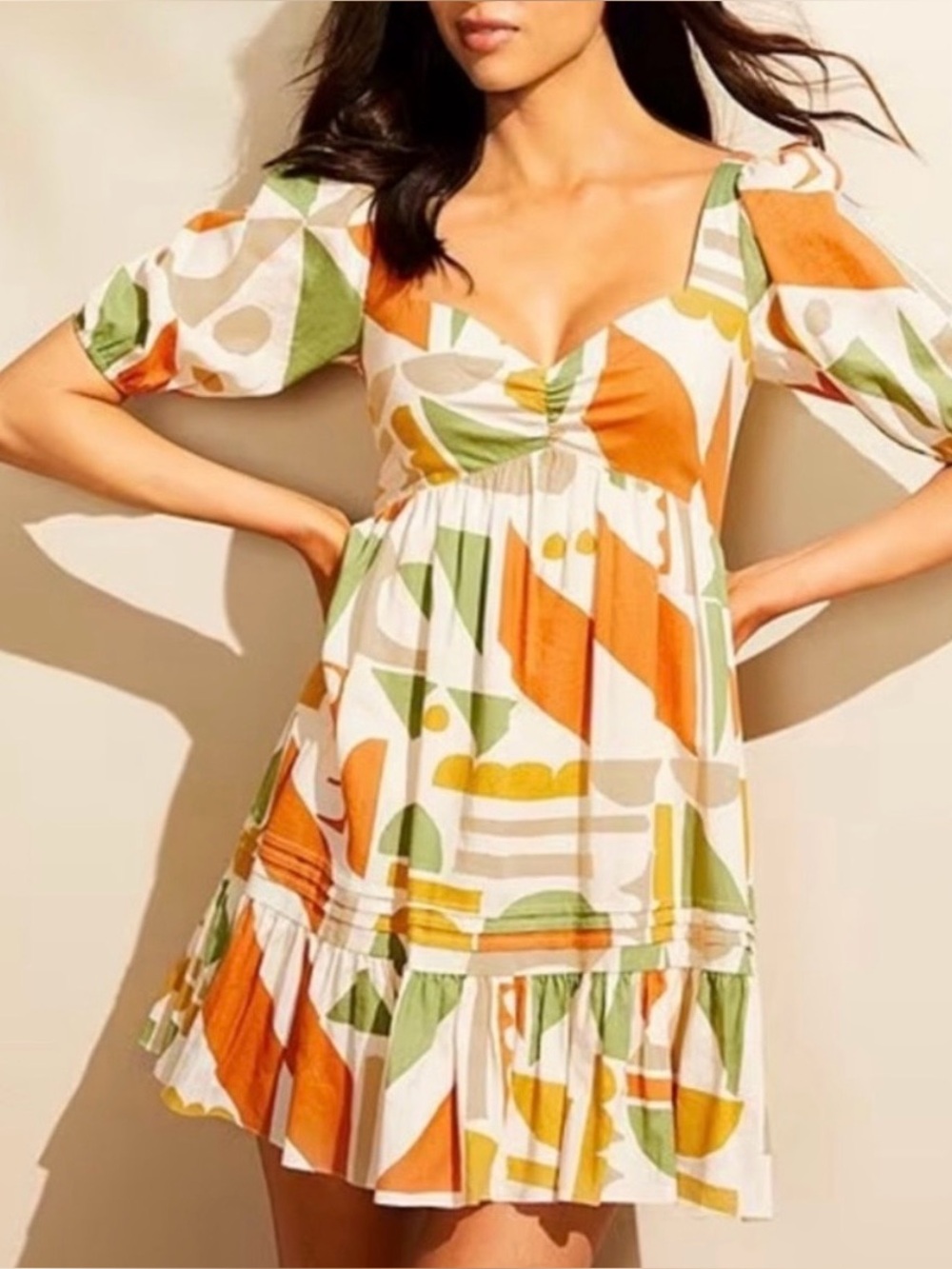 Gianni Bini Tory Triangle Print Puff Sleeve Linen Mini Dress Size 12